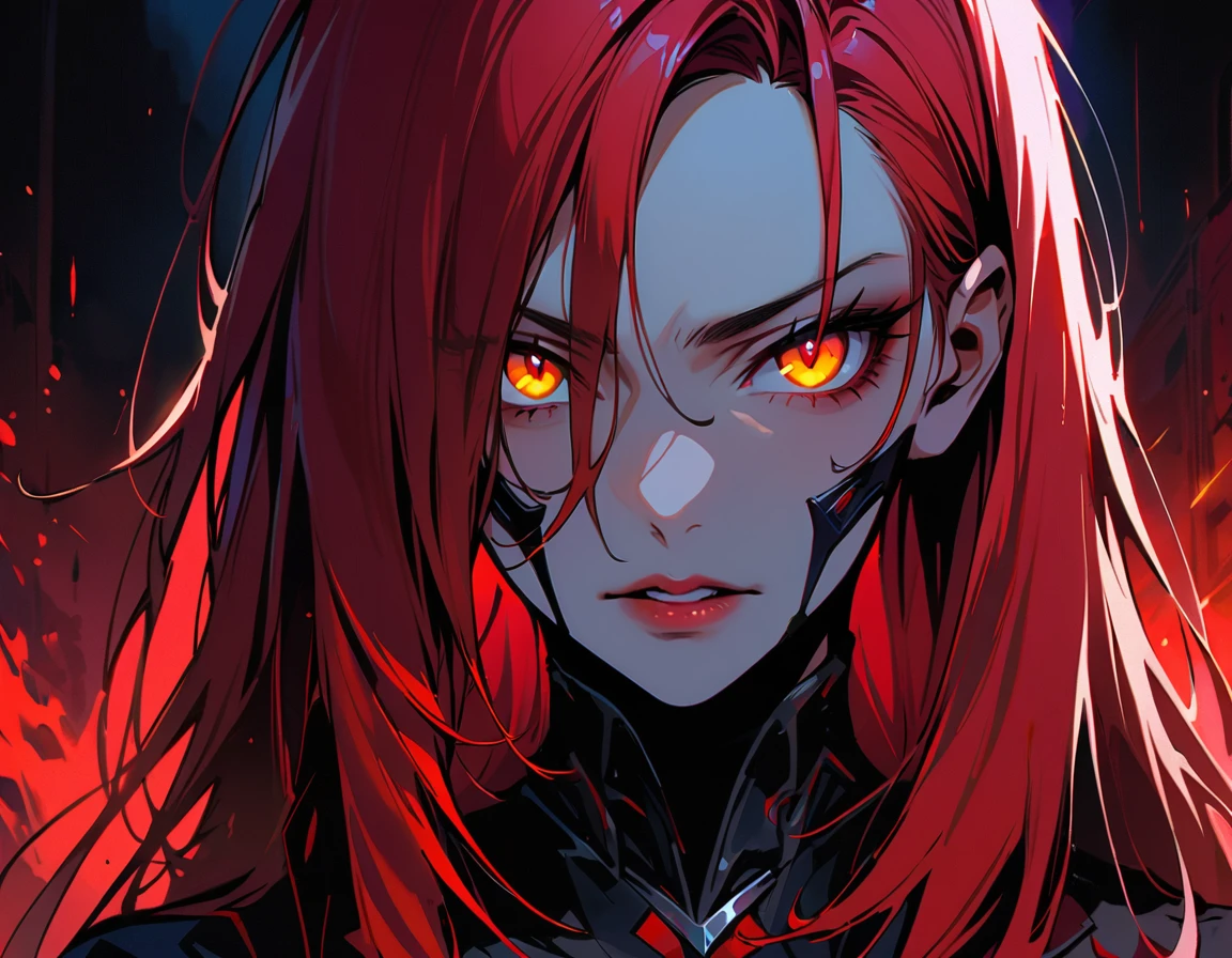 Long red hair, yellow eyes, evil, sexy, black and red clothes, cute hairstyle, evil face, evil, serious look, black face mask, gloss lips, sinister, front look, bloody, gloves, close up, portrait, beautiful eyes, short dress, big white, dark place, night, sensual, straight hair cut, clear skin, evil, young 30 years girl, adult girl, solo, red, very long hair, ankle length hair, handsome older WOMAN,crimson-eyes,crimson pupils,Long red hair,Hyperresolution,accuracy,Detailed rendering,(Subtle facial image)(Image of fine hair)(topquality)(Masterpieces of masters)(High degree of completeness)(A sense of atmosphere)tmasterpiece,Super detailed and super detailed(half-body portrait)