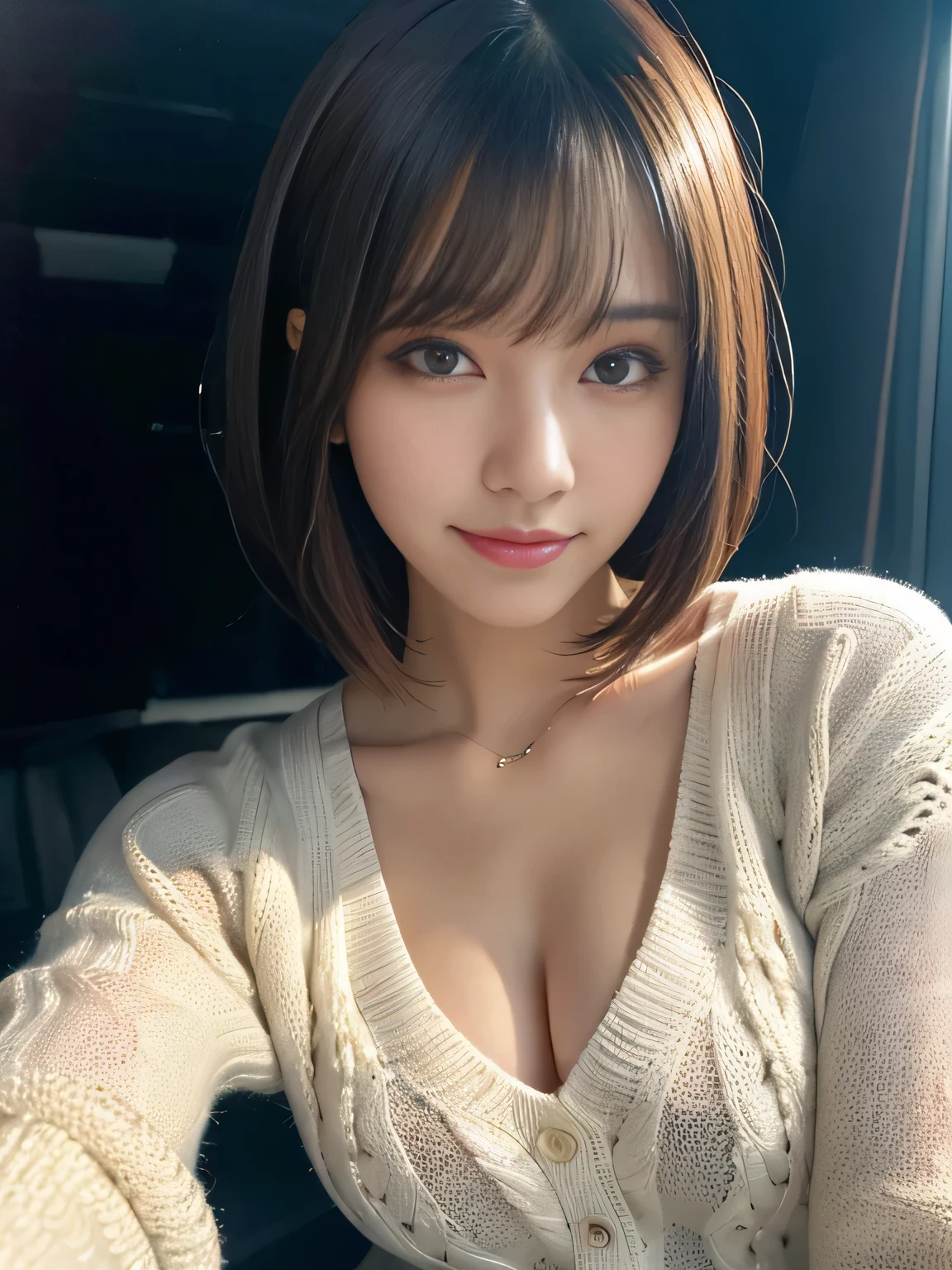 masterpiece, best quality, ultra-detailed, intricately detailed hyperdetailed, realistic, sharp features, highly detailed, sharp focus, 19years old, perfect face, perfect face, perfect symmetrically perfect eyes, perfect full lips, flexible female form, cinematic, film light, hyper detailed, hyper realistic, high resolution, vibrant, dynamic studio lighting, ((Dark background)), (seductive smile), short hair, straight Bangs, brown Eyes, White sweater, cowboy shot,