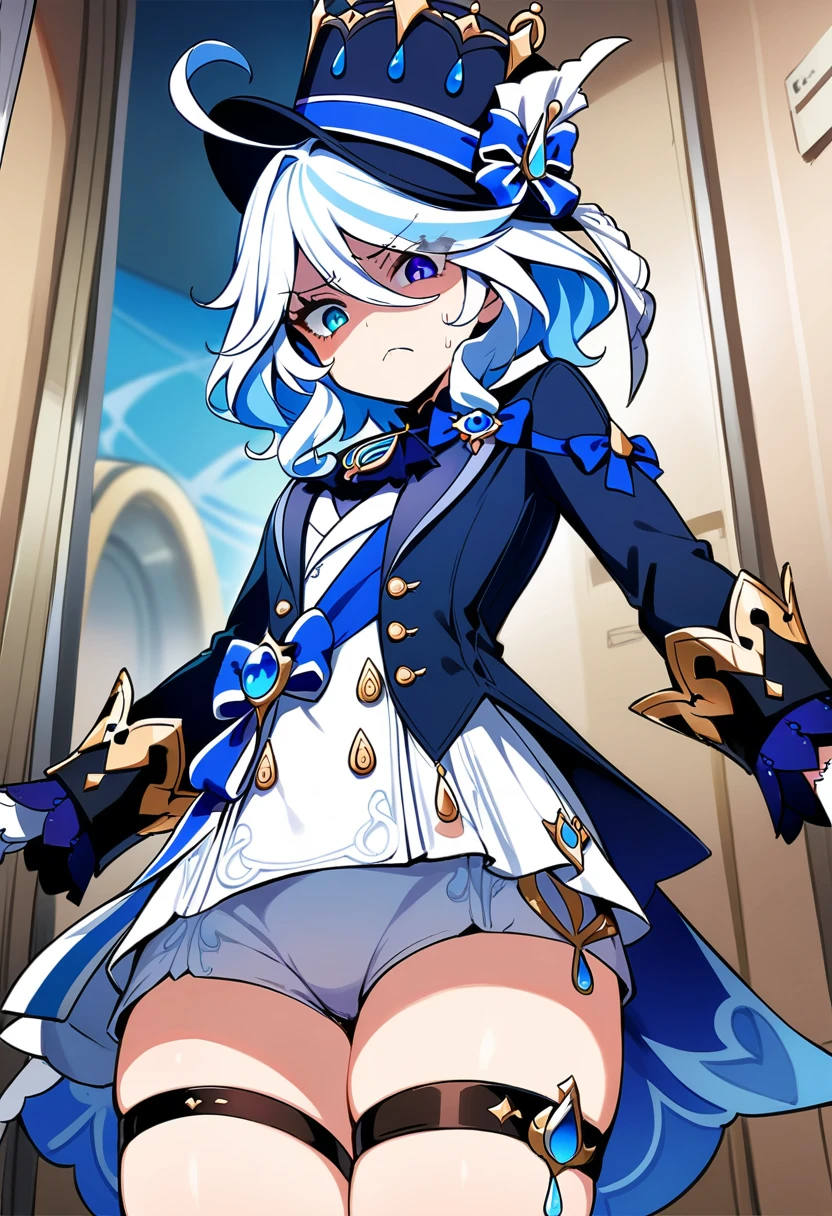 masterpiece, best quality, very aesthetic, absurdres,1girl, ,furina(genshin impact), heterochromia,bule hair,blue eyes,hat,ascot,brooch,long sleeves, jacket,blue bow,gloves,white shorts, thigh strap,1girl,cowboy shot, (contempt, disgust,shaded face,looking at viewer,frown),(from below,lifting skirt,panties),,in a lift, in a elevator,floating_hair