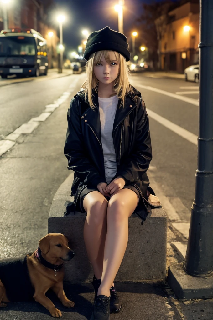 night, girl sitting at a bus stop under a lamp, blonde hair, dark clothes, in Hat, Near the dog, empty street