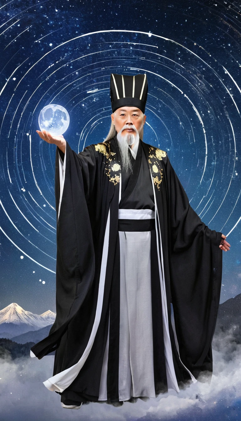 Oriental Fortune Teller，The old immortal on the top of the stars，Elders，White beard and long white eyebrows，（Wear an official hat，Kongming Hat），Black loose hanfu robe，Looking at the stars，Galaxy Tai Chi Bagua Diagram，artistic conception，large quantities of，Runes，Luminescence，Dream
