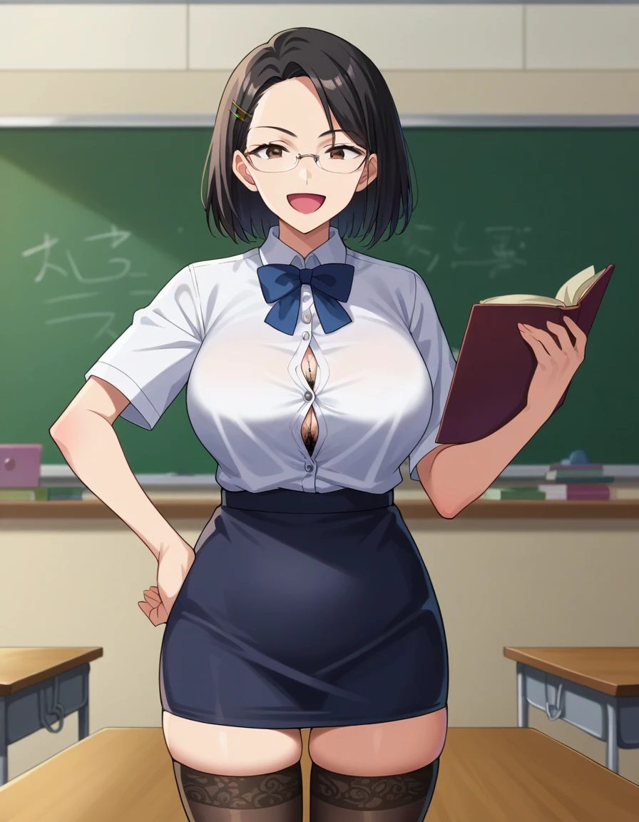 score_10, score_9, score_8_up, score_7_up, BREAK, source_anime, anime screencap, anime coloring, detailed face, a stiff-looking beautiful female teacher, detailed beautiful big brown eyes, large breasts, 36 years old, milf, black hair, skinny, One length medium bob hair, asymmetry_bangs, forehead, hair behind ear, black hairpin, Wears glasses, white shirts, short sleeves, button gap, black micro skirt, skintight, zettai ryouiki thighhighs, visible black lace thong, teaching in front of the blackboard, (holding a textbook, hand on hip), smile, shaped eyebrows, open mouth, classroom, thigh gap, unshaven hairy natural armpit hair, unshaven hairy natural public hair