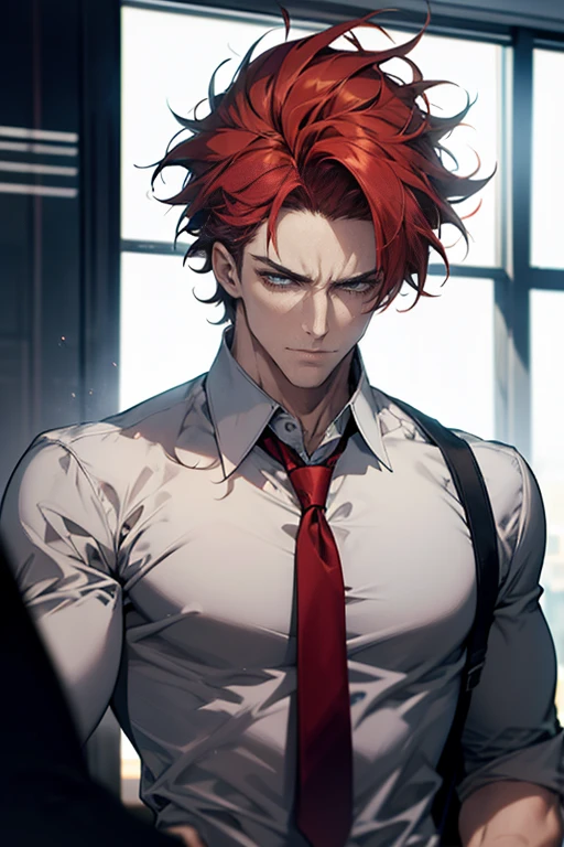 a tall and muscular man with red messy hair, a serious frown and an evil smile, wearing a white shirt and standing in a corporate office setting, with dramatic lighting and depth of field, detailed and high-quality cinematic portrait, best quality, 8k, ultra-detailed, masterpiece