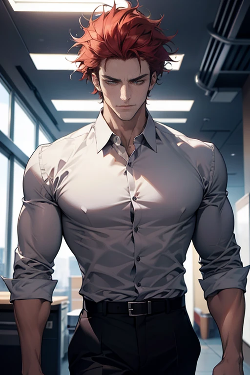 a tall and muscular man with red messy hair, a serious frown and an evil smile, wearing a white shirt and standing in a corporate office setting, with dramatic lighting and depth of field, detailed and high-quality cinematic portrait, best quality, 8k, ultra-detailed, masterpiece