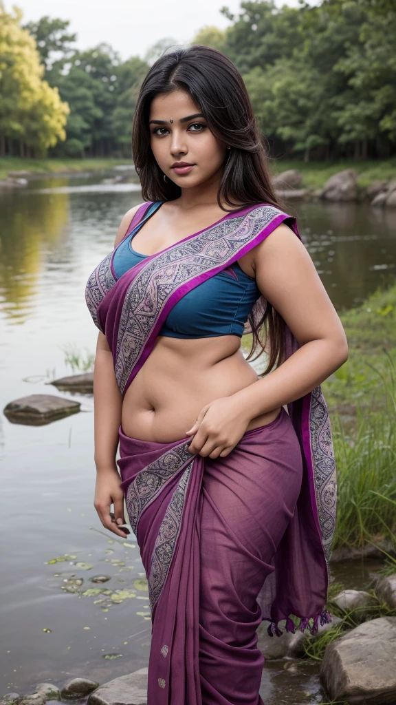 Indian girl, cute,（lifelike， high - resolution：1.3）， 1 girl with a perfect figure: 1.4， Super fine face and eyes，slong hair， small Tank top dark bluecolors：1.2, (Wearing a traditional saree, bulky figure , huge big extra large and , full body ,looking front ,big butt, fair complexion, pond backgrounds. thick figure, plum, chubby, sexy, seductive, beautiful saree, beautiful body, feminine, 