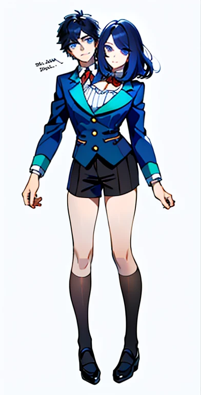 (masterpiece, best quality), best resolution, 2others, couple, 1boy and 1girl with 2heads, (1boy:1.8), swapped heads, headswap, short hair boy, long hair girl, arguing, upset, black hair color, different hair style, male and female conjoinment, beutiful blue eyes