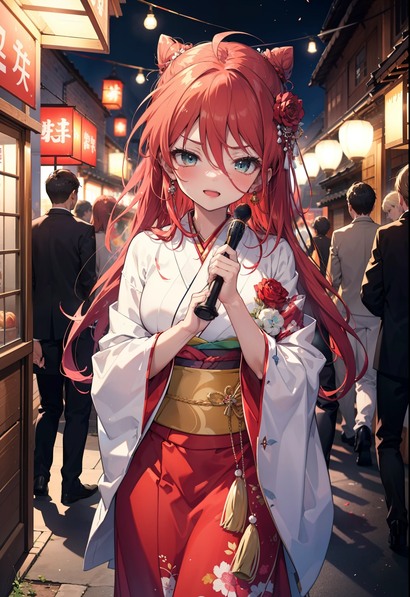 Shana,灼眼のShana,Long Hair, Red hair,Red eyes,Ahoge,smile,blush,Open your mouth,Hair Bun, single Hair Bun,blush,Red Kimono,Thick sleeves,Red long skirt,日本のfestival,夏festivalの屋台,Red lantern,So that the whole body goes into the illustration,Walking, break looking at viewer, Upper Body (Cowboy Shot:1. 5), break outdoors, shrine,festival, break (masterpiece:1.2), Highest quality, High resolution, unity 8k wallpaper, (shape:0.8), (Beautiful and beautiful eyes:1.6), Highly detailed face, Perfect lighting, Highly detailed CG, (Perfect hands, Perfect Anatomy),