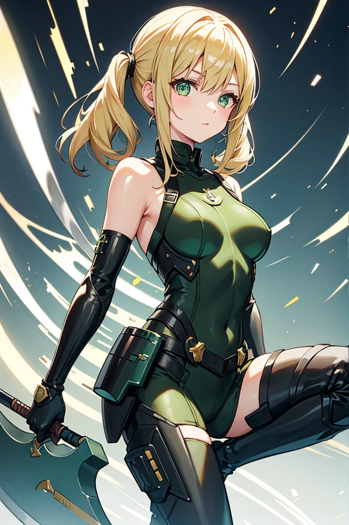 solo,KikoruShinomiya,1girl,blonde hair,twintails,green eyes,black bodysuit,shoulder armor,gauntlets,boots,axe,glowing,holding polearm,