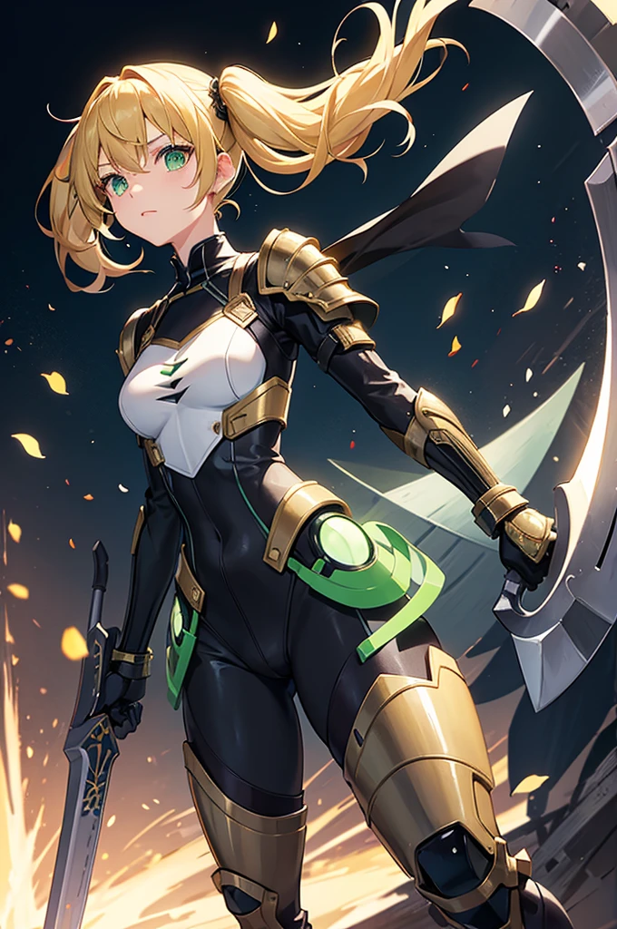 solo,KikoruShinomiya,1girl,blonde hair,twintails,green eyes,black bodysuit,shoulder armor,gauntlets,boots,axe,glowing,holding polearm,