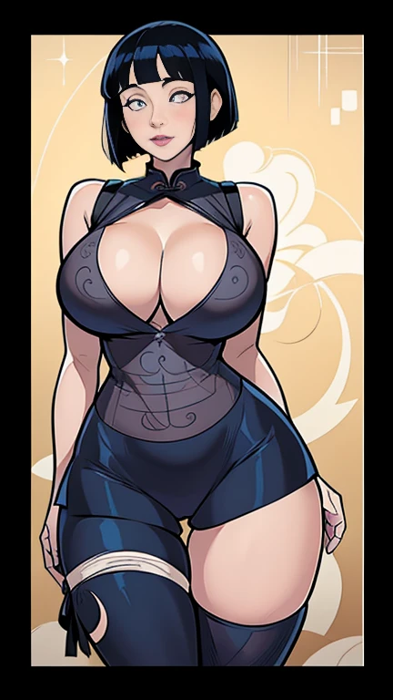 Hinata Hyuga is about 160 cm tall. Pearly Eyes ,Her straight black hair , Cut bangs, Shoulder length, Pale skin , Qipao bleu, (((Full and soft breasts,)))(((Huge breasts))) (((Cleavage))) (Perfect curvy figure), ((Long legs)),Hourglass figure, Black tights, Quilt, Qipao bleu