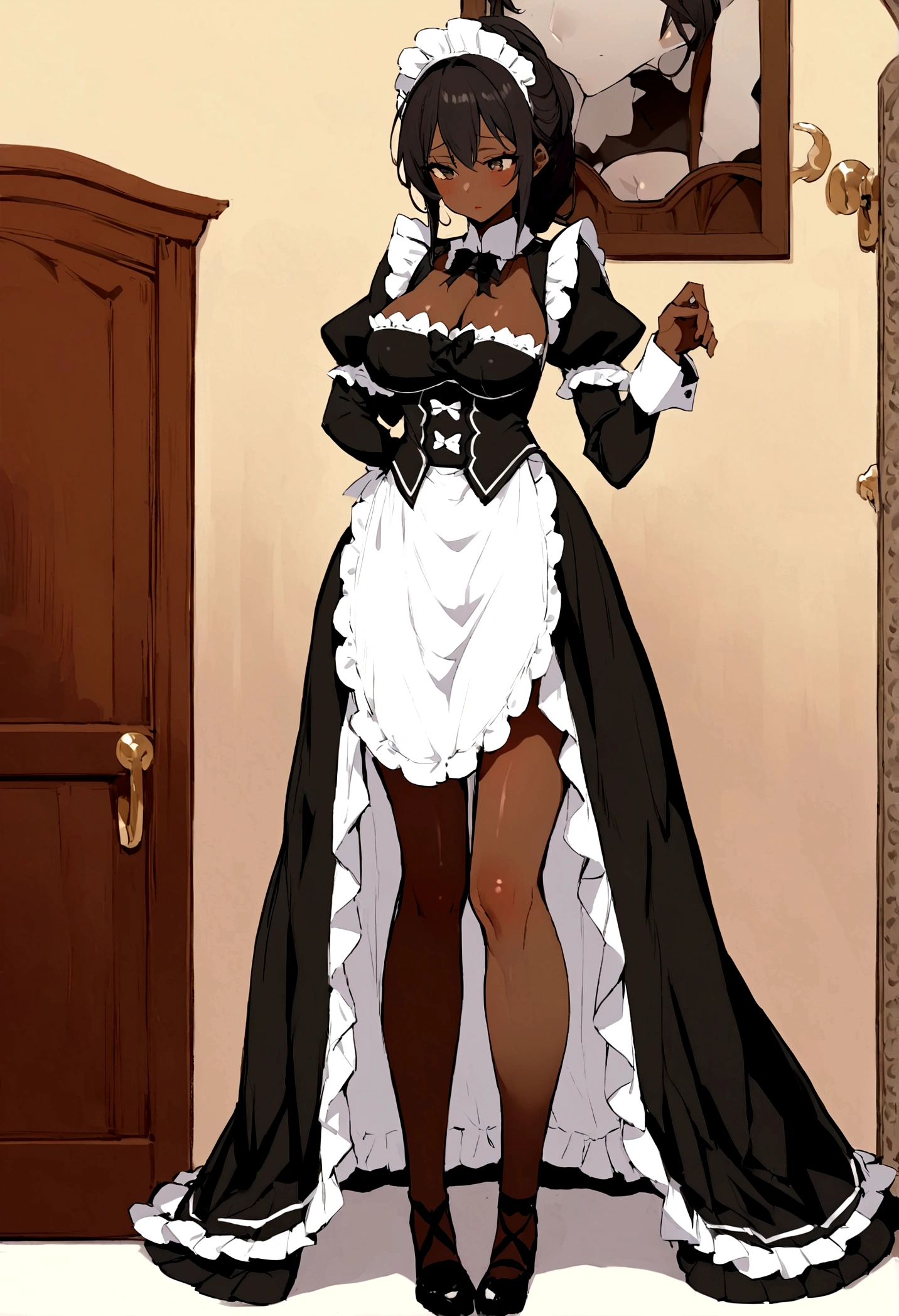 (Masterpiece) (High Detail) (High Res) Looking from below A tall black humanoid girl with dark skin and ebony flesh and green eyes and short black hair and goat ears and short dark goat horns and a toned body and average to small breasts and penis wearing a maid outfit