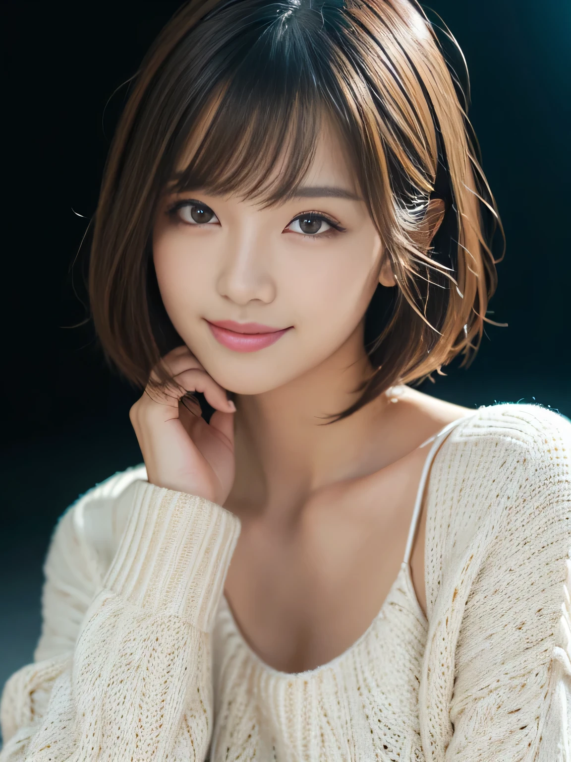 masterpiece, best quality, ultra-detailed, intricately detailed hyperdetailed, realistic, sharp features, highly detailed, sharp focus, 19years old, perfect face, perfect face, perfect symmetrically perfect eyes, perfect full lips, flexible female form, cinematic, film light, hyper detailed, hyper realistic, high resolution, vibrant, dynamic studio lighting, ((Dark background)), (seductive smile), short hair, straight Bangs, brown Eyes, White sweater, cowboy shot,