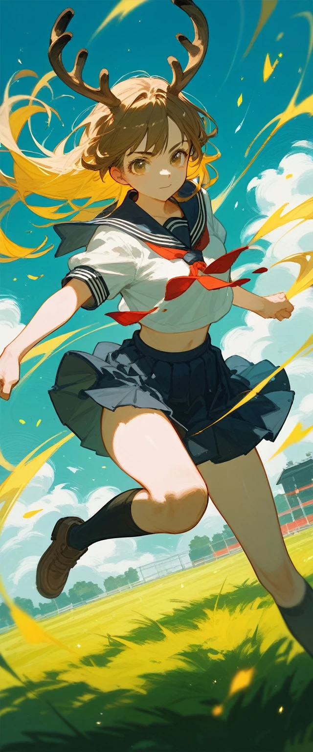 A girl with deer antlers, short brown hair, sailor uniform, who fights with a girl with long yellow hair with bare hands in a school field with a dynamic pose,anime art