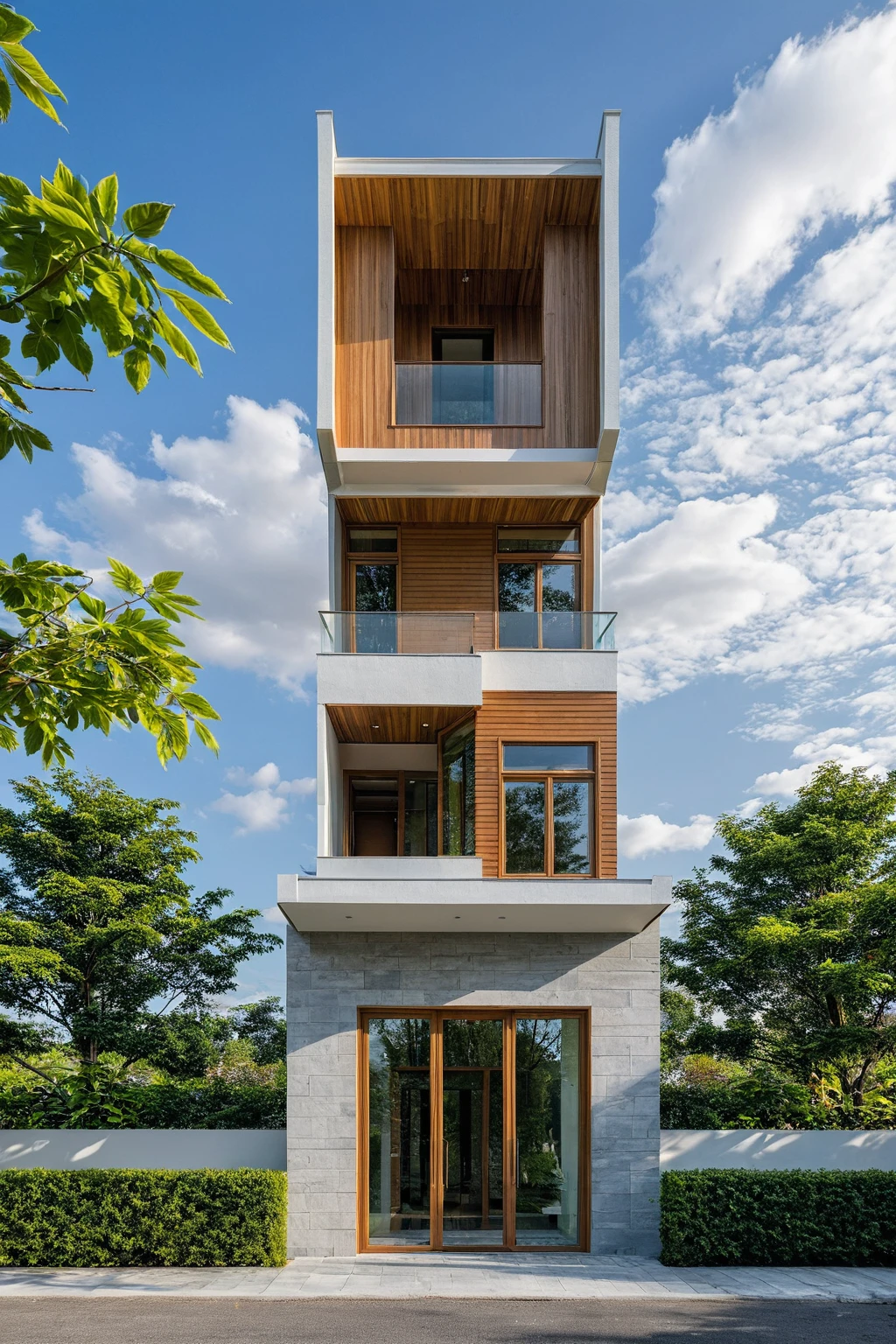 Masterpiece, high quality, best quality, authentic, super detail, outdoors, fourstoreyvillaXL, aiaigroup, house style modern on the street ,stairs, white wall ,road,pavement, grass, trees, sky, cloud, (daylight:1.1)
exterior, outdoors, house style modern on the street, glass windows, wooden ceiling, luxury modern, best award of architecture