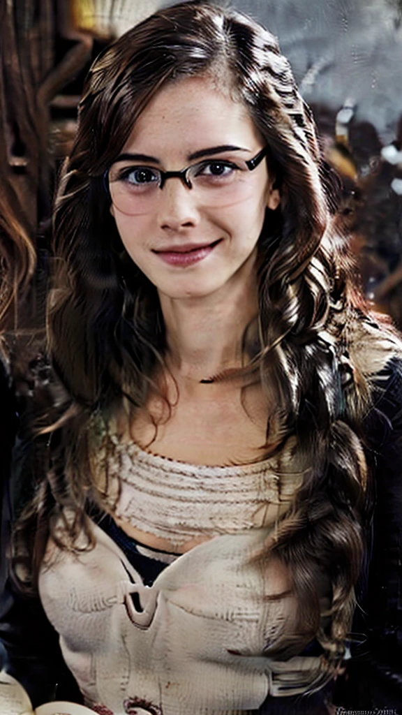 13 years old、Erotic 、Glasses、Plain girl、Deep cleavage、delicate、Big Breasts、Feeling embarrassed、Blushing、Braid、Black Hair、Surrounded by books、Short、wise、Erotic Pose、Natural smile、Hermione