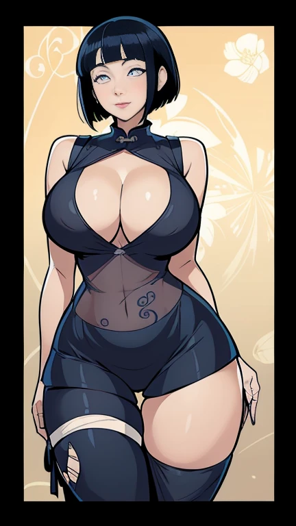 Hinata Hyuga is about 160 cm tall. Pearly Eyes ,Her straight black hair , Cut bangs, Shoulder length, Pale skin , Qipao bleu, (((Full and soft breasts,)))(((Huge breasts))) (((Cleavage))) (Perfect curvy figure), ((Long legs)),Hourglass figure, Black tights, Quilt, Qipao bleu