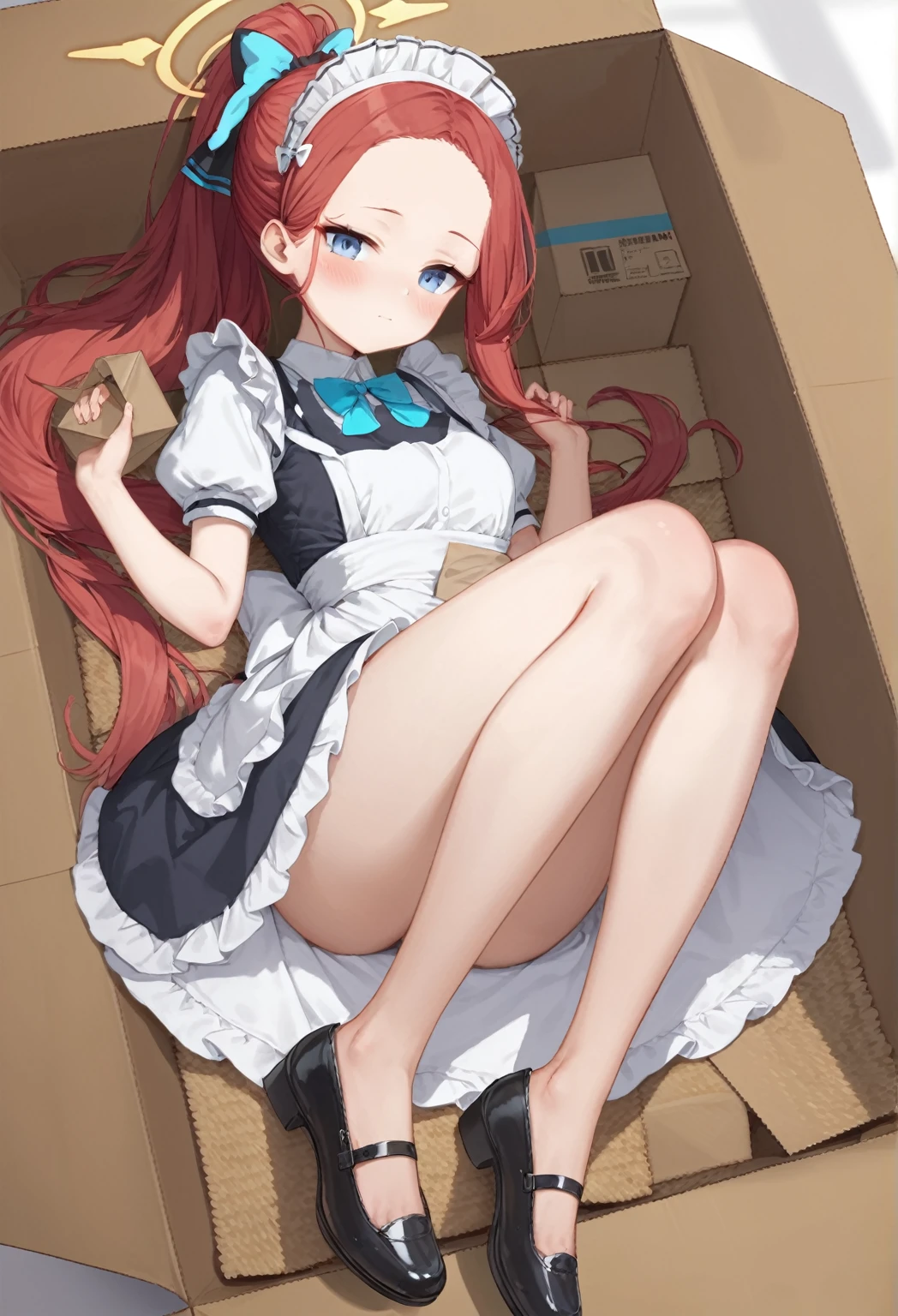 score_9, score_8_up, score_7_up, source_anime, Idealized Forms, Natural Light, details background, blurry background, extremely detailed, anime anime girl laying in a cardboard box with bow and dress, 1girl, solo,yuzu(blue archive),long hair, forehead, apron, bow,(yellow) halo, red hair, short sleeves, cardboard box, blush, shirt, box, blue eyes, maid, white shirt, puffy sleeves, hair bow, frills, closed mouth, maid, maid headdress, very long hair, forehead, dress, puffy sleeves, alternate costume, white apron, black footwear, holding, ponytail, shoe