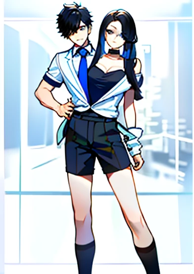 (masterpiece, best quality), best resolution, 2others, couple, 1boy and 1girl with 2heads, (1boy:1.8), swapped heads, headswap, short hair boy, long hair girl,  arguing, upset, black hair color, different hair style, male and female conjoinment, beutiful blue eyes