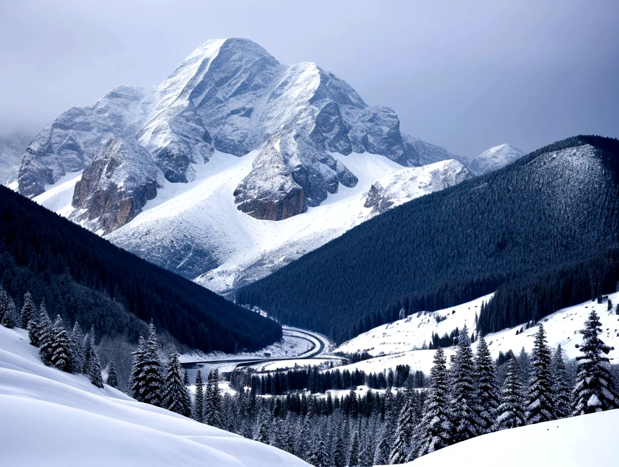 a mountain covered with snow, there is a large and long chain running through the mountain. snowfall, cold