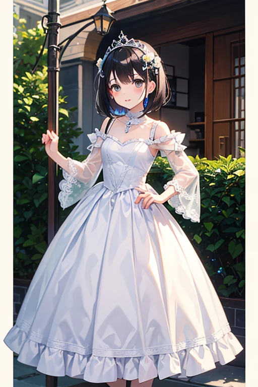 Highest quality、Black Hair、Iris、short hair、girl、cute、、、Small hair ornament、1 person、Cosplay、Princess、White Dress、Long skirt、Tiara on head、clear、Ladylike、