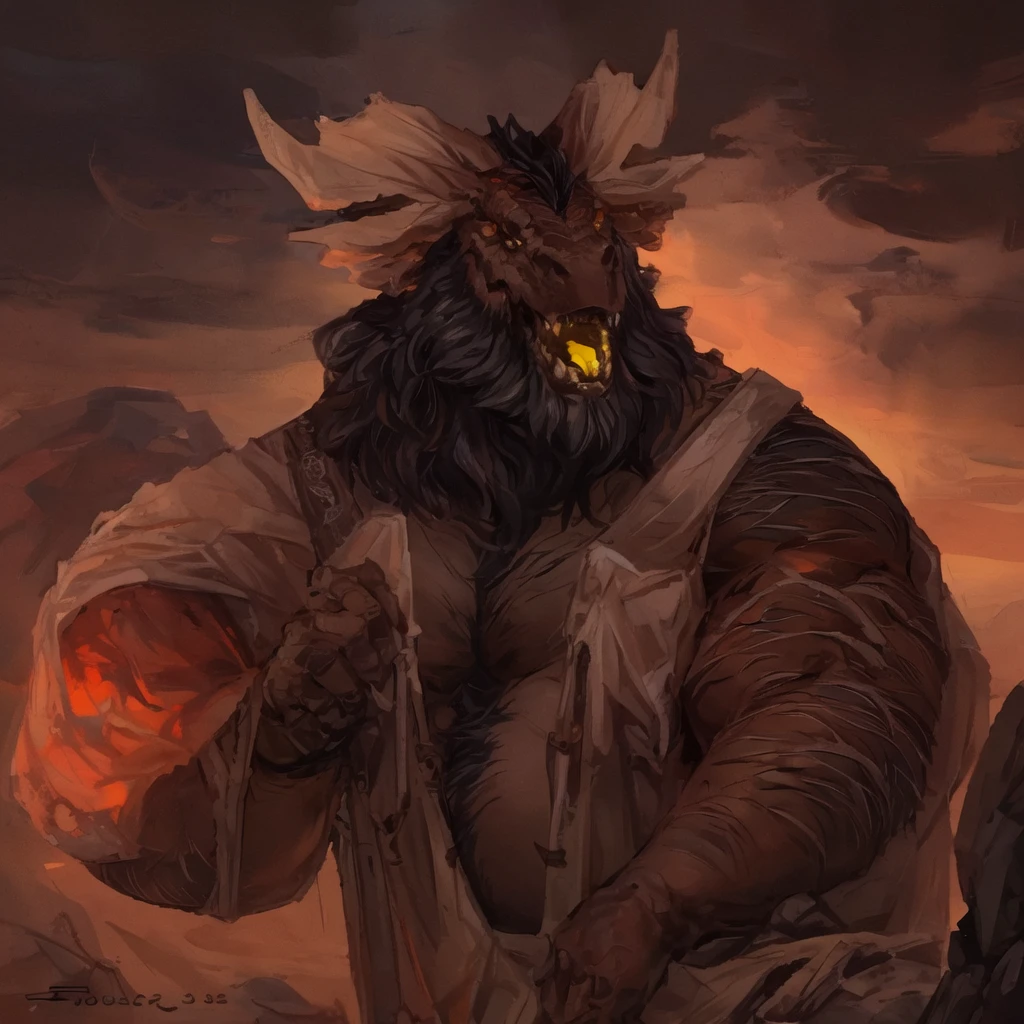 Name: Stalxes Weaver(Stal) Age: 26 years(indefinite longevity but he don’t know that part) Gender: Male(and manly, even if he don’t make it on purpose) Height: 214 cm weight: 250 kg Hair color: Pristine pure white Scales color: Obsidian-glass like Jet-black color Body description: He has huge stocky robust body, with thick hairy thighs, big hairy feet, a round chubby bouncy discreet belly with some fatness, to warm his nights, that he usually hides. A large hairy chest that have a mane that cincund his neck and connects in a wild spiky beard, his pecs are tough and tone, his nipples are so pinchable that is actually funny to see his embarrassment about it. His arms are strong thick and big, he could smash a head with his bare hand with his sheer strength. His neck is thick and tough to touch. His face is stoic, manly, brute even, wth a chad chin, tired golden piercing like eyes and thick eyebrows. His hairstyle is a short spiky hair that pends to his back side. He also possess three pairs of crown like horns that make him look like a king of something, a forked thick and extensive yellow tongue and protuberant lower fangs. His armpits have a fluffy tuft of hair. As his whole torso hair fuses in the middle it makes a thick happy trail that goes his groin, where a reptile slit is located, when aroused the slit gets wet and reveals a reddish pink fat uncut cock(of 23 cm of length and 17 cm of girth) that have a big body and a smalls mushroom head. Below the slit a pair of large heft balls repose with a fur tuft between them.