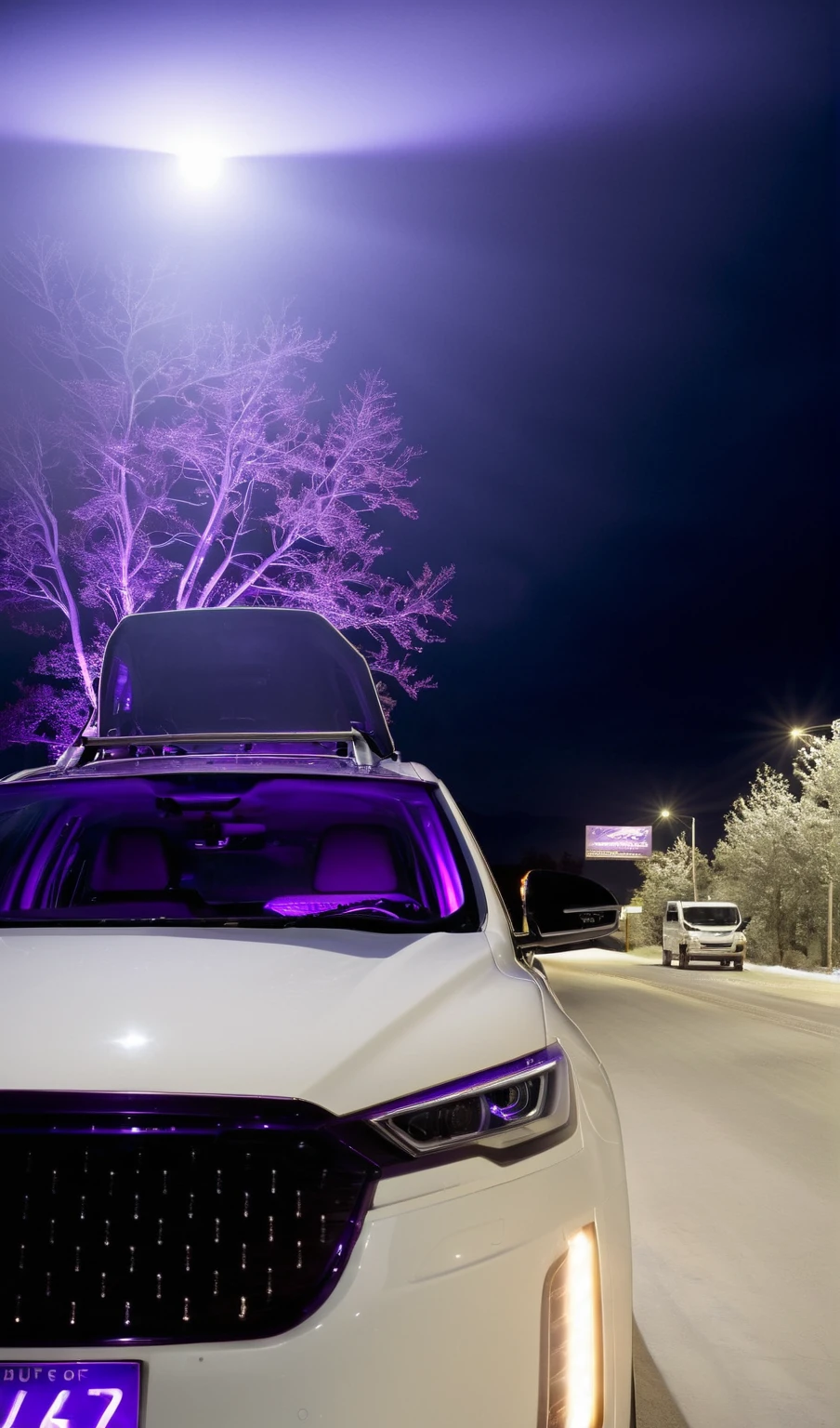 Alafud car parked on the roadside at night, With roof rack, cool Purple light, Purple ambient light, Purple light, extremely moody Purple light, forward lighting, The headlights shine with neon light, Purple neon light, Full Vehicle, Purple light, Ambient lighting at night, Front lighting, Equipped with cool headlights, cool purple gray light,landscape photo,Luxury cars and scenery,Stunning scenery