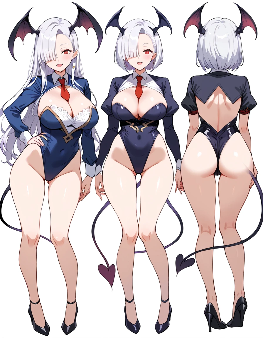 3 girls, variety of hairstyles, high fantasy costume, ((white background)), full body, multiple views, succubus, thong, shrug, leotard, cleavage, tie, hair over one eye, forehead,