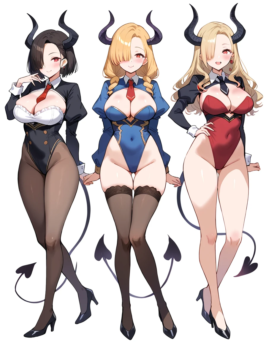 3 girls, variety of hairstyles, high fantasy costume, ((white background)), full body, multiple views, succubus, thong, shrug, leotard, cleavage, tie, hair over one eye, forehead,