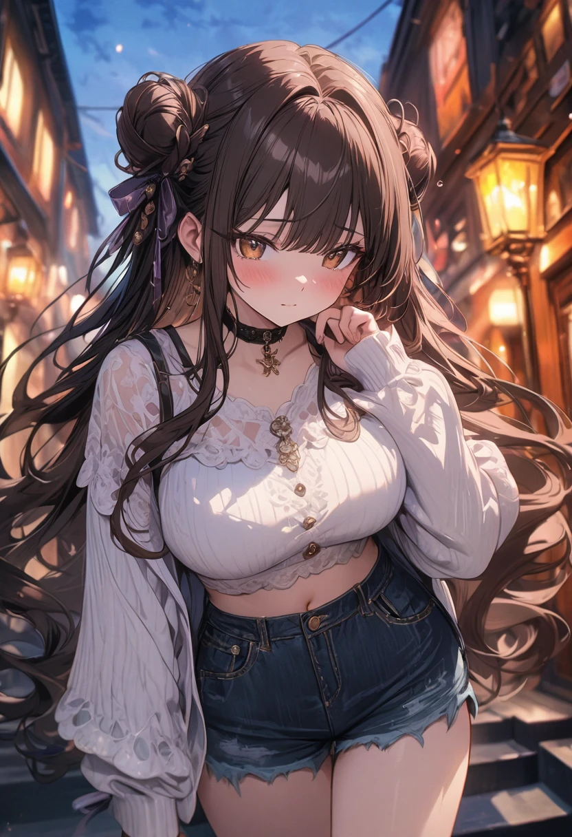 (masterpiece), best quality, very aesthetic, newest, absurdres, detailed, high quality
BREAK
highest quality, top quality, details, highres, ultra fine painting, digital art, official art, cinematic, 4k, 8k resolution, 8K CG wallpaper, CG, original artwork, detailed background, colorful background, blue atmosphere, High Dynamic Range, blurry background, blue hour, Starburst effects, crepuscular rays, good ISO, high resolution, wide shot, from far away, RAW photo, POV, sharp focus, light reflection, reflections, intricate details, soft light, particle noise, professional photography, bokeh, depth of field, natural lighting, vibrant colors, looking away, detailed lights and shadows, stylish, ultra-detailed, top rated on Pixiv, trending on Artstation, niji style, modern-days, master crafted, pose
BREAK
solo, (close up), 1girl, pale skin, correct fingers, detailed hand, (big breasts:1.2), big thighs, small torso, short body, flushtered, shy, blush, anxious expression, embarassed, embarassed act, casual, slim, ((cute, childlike face):1.3), nice hips, nice body, brown hair, (very long flowing hair), (big 2 buns hairstyle)), long bangs, long hair, middle hair bangs, brown eyes
BREAK
(white loose-fitting crop shirt, long sleeve, denim shorts, choker, casual wear style, detailed tummy, belly button, modern fashion)
BREAK
Empty streets background, anime background, quiet street, street lamps, sky