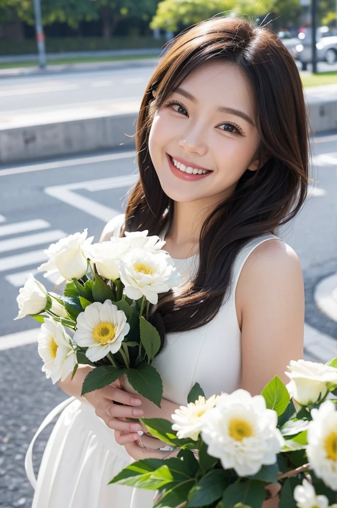 Girl with flowers in hand,With a smile, With flowers, Gveiz, She expressed her joy, Beautiful and smiling, Laugh gently, Cute smile, 美しいWith a smile, Middle Metaverse, Jan J, Happy and cheerful expression, And she laughs,very happy, Gveiz-style artwork、White flower、White Dress,Sharp contours