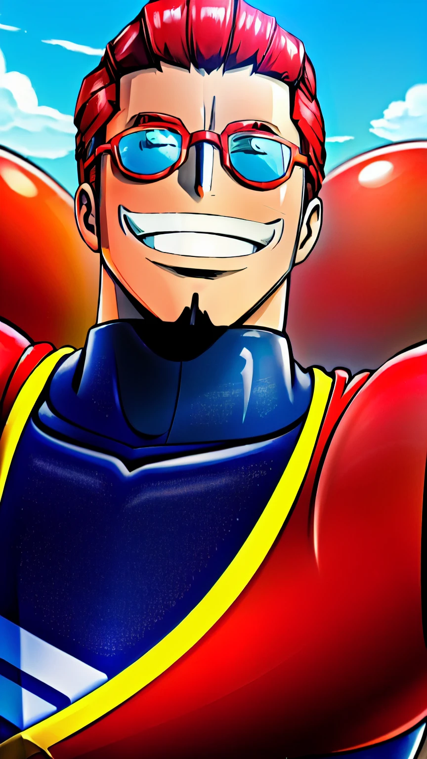 ((best qualityer)), (detailded), naughty man, 3 meters tall, robotic arms, blue glasses, Red hair, stark, happy face.