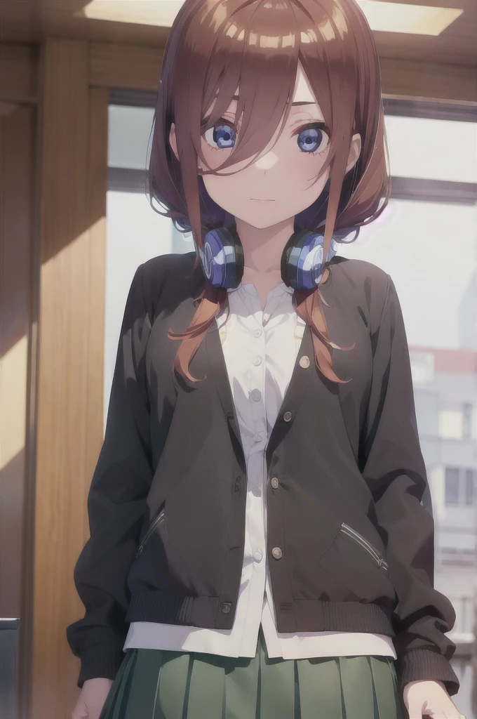 mikunakano, miku nakano, long hair, bangs, blue eyes, brown hair, shirt, hair between eyes, headphones, cardigan, headphones around neck, BREAK skirt, shirt, long sleeves, white shirt, pantyhose, pleated skirt, black pantyhose, green skirt, BREAK indoors, classroom,school, BREAK looking at viewer, BREAK (masterpiece:1.2), best quality, high resolution, unity 8k wallpaper, (illustration:0.8), (beautiful detailed eyes:1.6), extremely detailed face, perfect lighting, extremely detailed CG, (perfect hands, perfect anatomy),