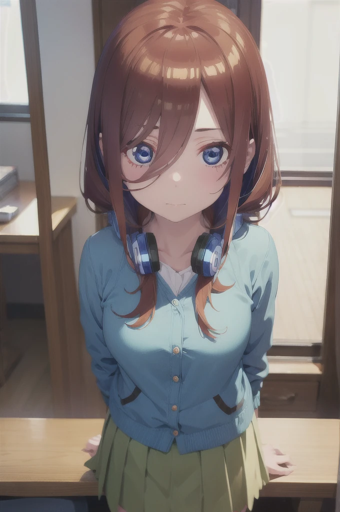 mikunakano, miku nakano, long hair, bangs, blue eyes, brown hair, shirt, hair between eyes, headphones, cardigan, headphones around neck, BREAK skirt, shirt, long sleeves, white shirt, pantyhose, pleated skirt, black pantyhose, green skirt, BREAK indoors, classroom,school, BREAK looking at viewer, BREAK (masterpiece:1.2), best quality, high resolution, unity 8k wallpaper, (illustration:0.8), (beautiful detailed eyes:1.6), extremely detailed face, perfect lighting, extremely detailed CG, (perfect hands, perfect anatomy),