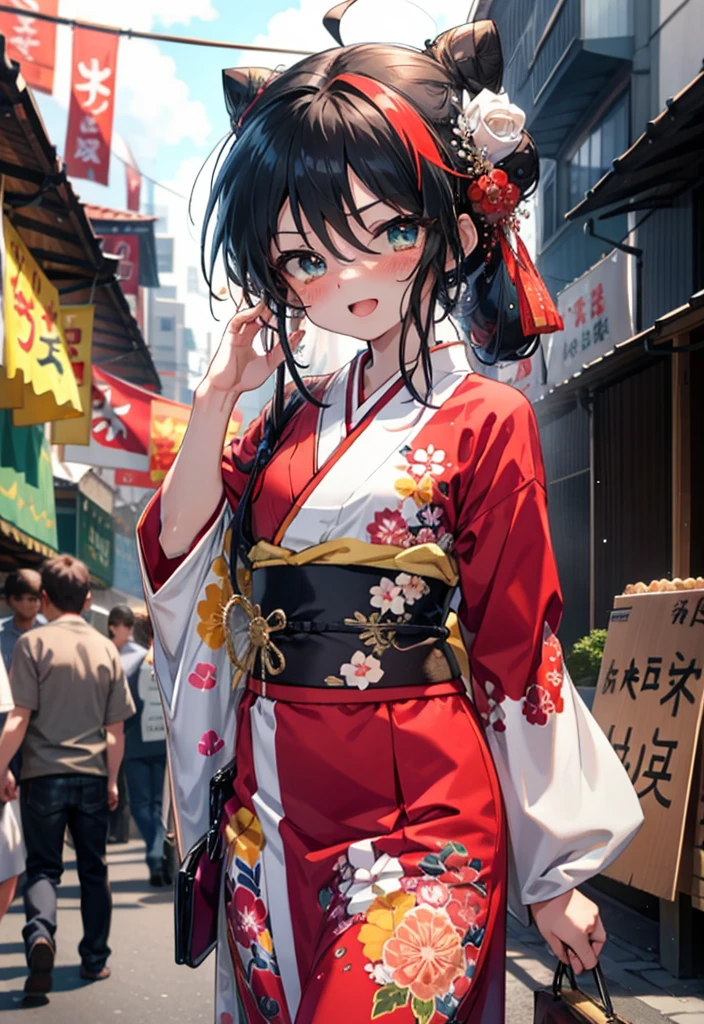 Shana,灼眼のShana,Long Hair, Red hair,Red eyes,Ahoge,smile,blush,Open your mouth,Hair Bun, single Hair Bun,blush,Red Kimono,Thick sleeves,Red long skirt,日本のfestival,夏festivalの屋台,Red lantern,So that the whole body goes into the illustration,Walking, break looking at viewer, Upper Body (Cowboy Shot:1. 5), break outdoors, shrine,festival, break (masterpiece:1.2), Highest quality, High resolution, unity 8k wallpaper, (shape:0.8), (Beautiful and beautiful eyes:1.6), Highly detailed face, Perfect lighting, Highly detailed CG, (Perfect hands, Perfect Anatomy),