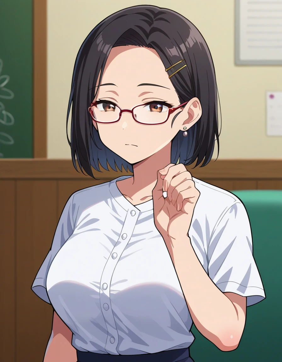 score_10, score_9, score_8_up, score_7_up, BREAK, source_anime, anime screencap, anime coloring, detailed face, a stiff-looking beautiful female teacher, detailed beautiful big brown eyes, large breasts, 36 years old, milf, black hair, skinny, One length medium bob hair, asymmetry_bangs, forehead, hair behind ear, black hairpin, Wears glasses, white shirts, short sleeves, button gap, black micro skirt, skintight, zettai ryouiki thighhighs, visible black lace thong, teaching in front of the blackboard, (holding a textbook, hand on hip), smile, shaped eyebrows, open mouth, classroom, thigh gap, unshaven hairy natural public hair