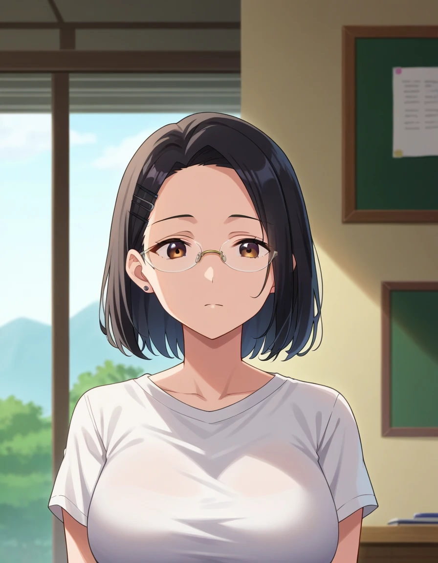 score_10, score_9, score_8_up, score_7_up, BREAK, source_anime, anime screencap, anime coloring, detailed face, a stiff-looking beautiful female teacher, detailed beautiful big brown eyes, large breasts, 36 years old, milf, black hair, skinny, One length medium bob hair, asymmetry_bangs, forehead, hair behind ear, black hairpin, Wears glasses, white shirts, short sleeves, button gap, black micro skirt, skintight, zettai ryouiki thighhighs, visible black lace thong, teaching in front of the blackboard, (holding a textbook, hand on hip), smile, shaped eyebrows, open mouth, classroom, thigh gap, unshaven hairy natural public hair