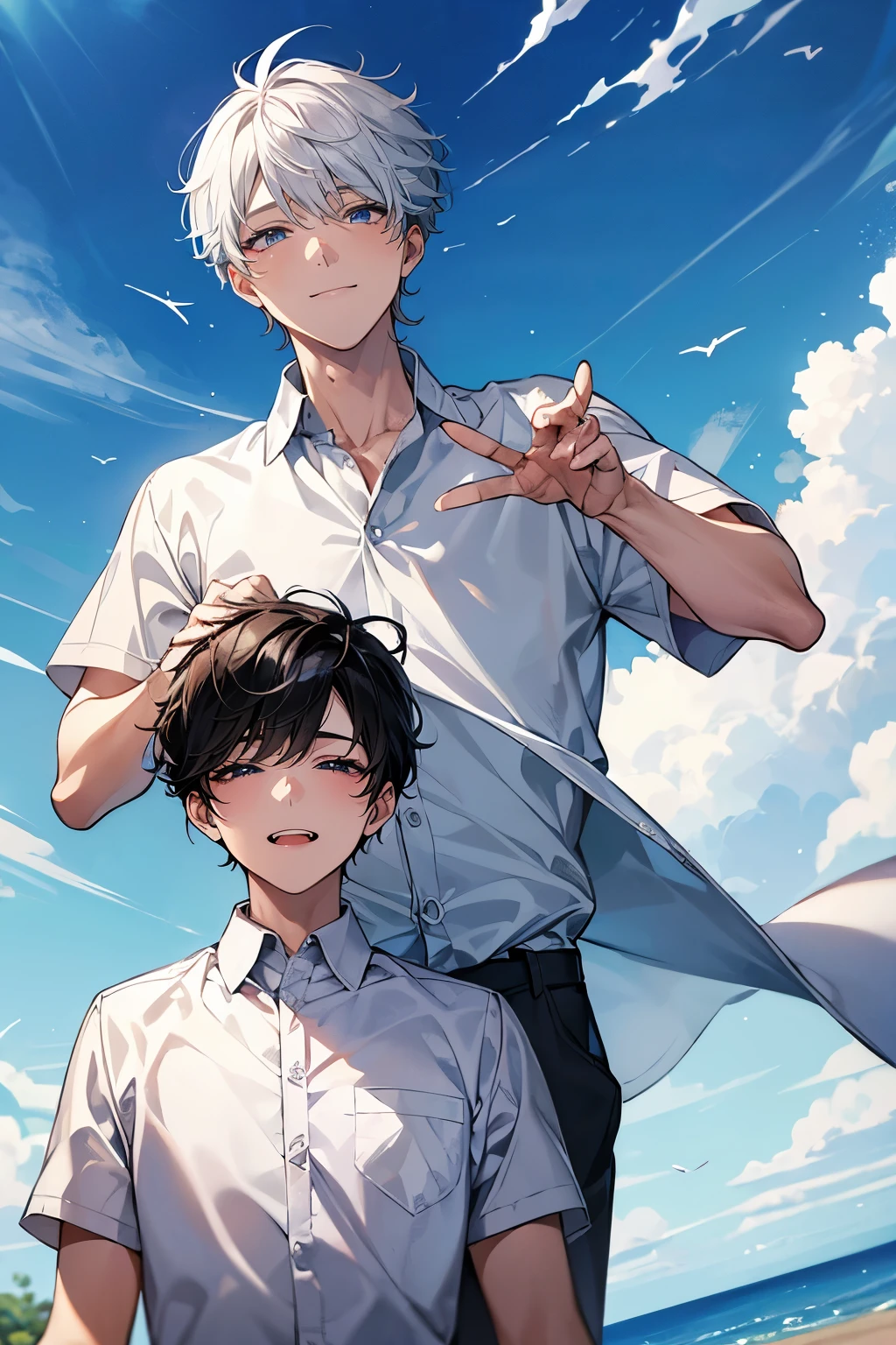 (Mastepiece), (Best Quality), Very detailed, (Two friendly boys:1.5),Shooting from below、Solo Shooting,Perfect Face, Beautiful Face, Very detailed顔,(1 boy with black hair:1.3),(One boy with white hair:1.3)、(short hair:1.3)、(Happy Face:1.4),(Laughing with your mouth open:1.3),(White shirt:1.4)、(Hair blowing in the wind:1.4),The atmosphere that seems to disappear,(blue sky_cumulonimbus)、summer、ephemeral、Sweat