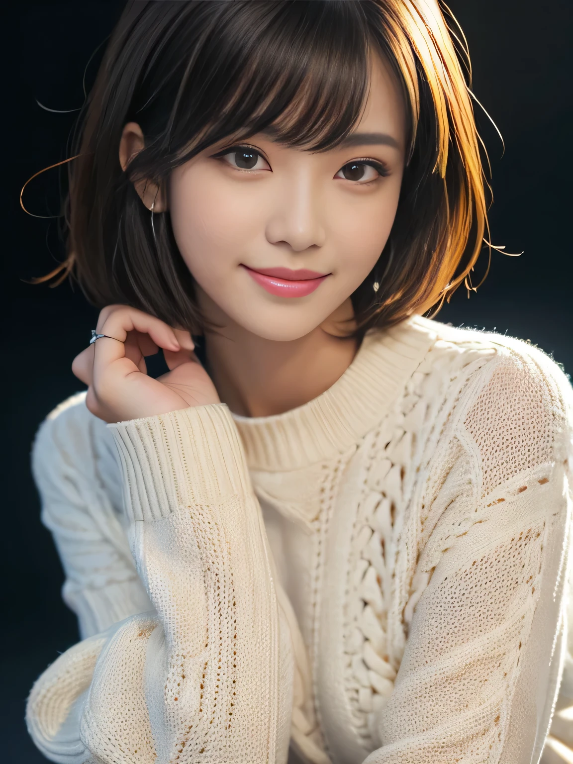 masterpiece, best quality, ultra-detailed, intricately detailed hyperdetailed, realistic, sharp features, highly detailed, sharp focus, 19years old, perfect face, perfect face, perfect symmetrically perfect eyes, perfect full lips, flexible female form, cinematic, film light, hyper detailed, hyper realistic, high resolution, vibrant, dynamic studio lighting, ((Dark background)), (seductive smile), short hair, straight Bangs, brown Eyes, White sweater, cowboy shot,