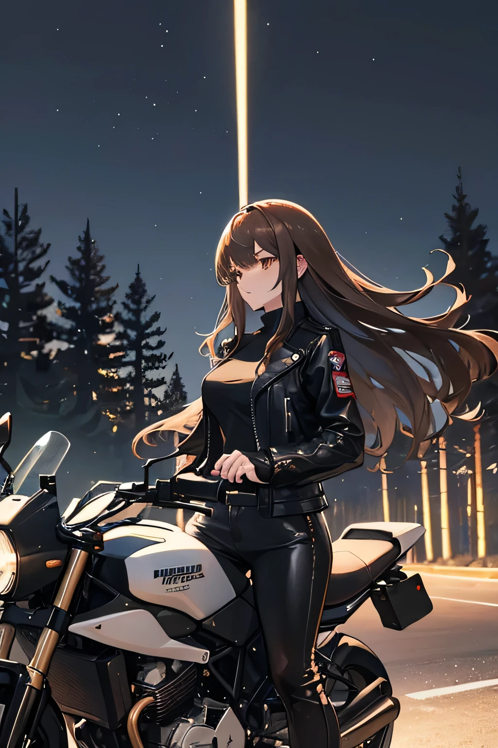 Woman with long brown hair and bangs, in front of a clandestine race track full of pine trees at night with a motorbike on its side, dressed in black leather jacket and black pants, with hair in the wind