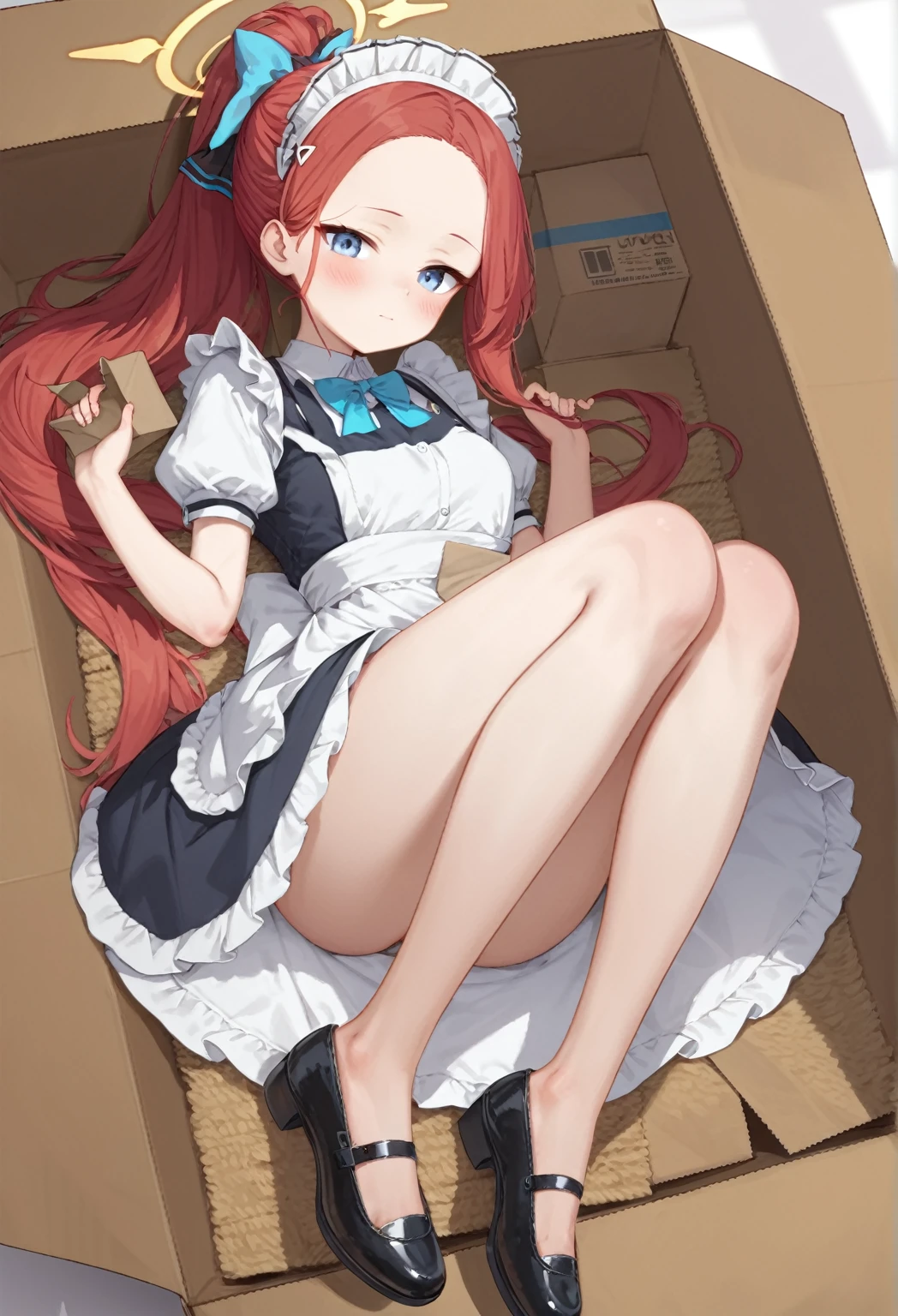 score_9, score_8_up, score_7_up, source_anime, Idealized Forms, Natural Light, details background, blurry background, extremely detailed, anime anime girl laying in a cardboard box with bow and dress, 1girl, solo,yuzu(blue archive),long hair, forehead, apron, bow,(yellow) halo, red hair, short sleeves, cardboard box, blush, shirt, box, blue eyes, maid, white shirt, puffy sleeves, hair bow, frills, closed mouth, maid, maid headdress, very long hair, forehead, dress, puffy sleeves, alternate costume, white apron, black footwear, holding, ponytail, shoe