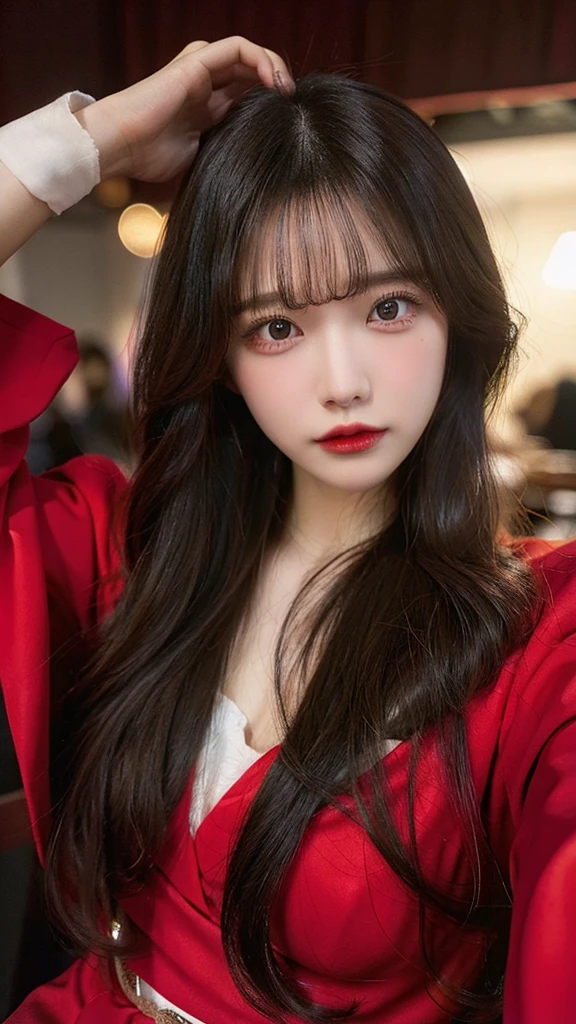 Beautiful body, Beautiful face, big breasts, long hair, red suit, shirt, Red jacket, red tight skirt, black tights