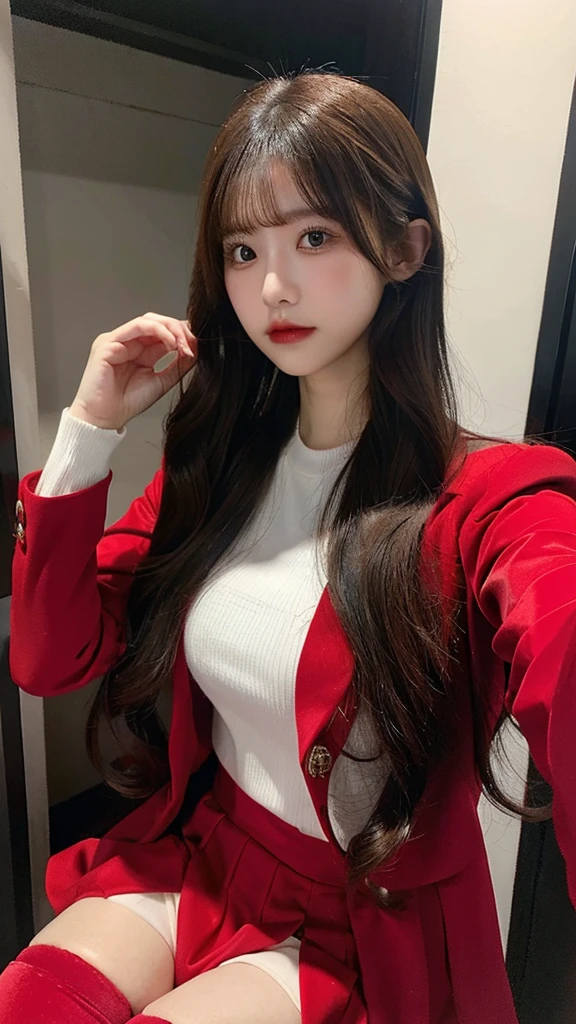 Beautiful body, Beautiful face, big breasts, long hair, red suit, shirt, Red jacket, red tight skirt, black tights