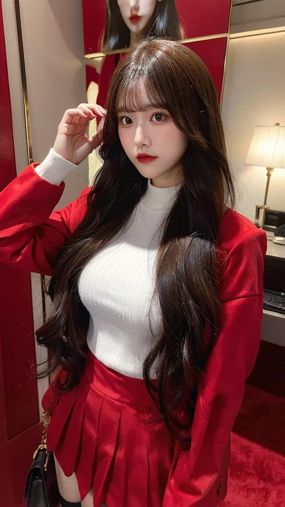 Beautiful body, Beautiful face, big breasts, long hair, red suit, shirt, Red jacket, red tight skirt, black tights