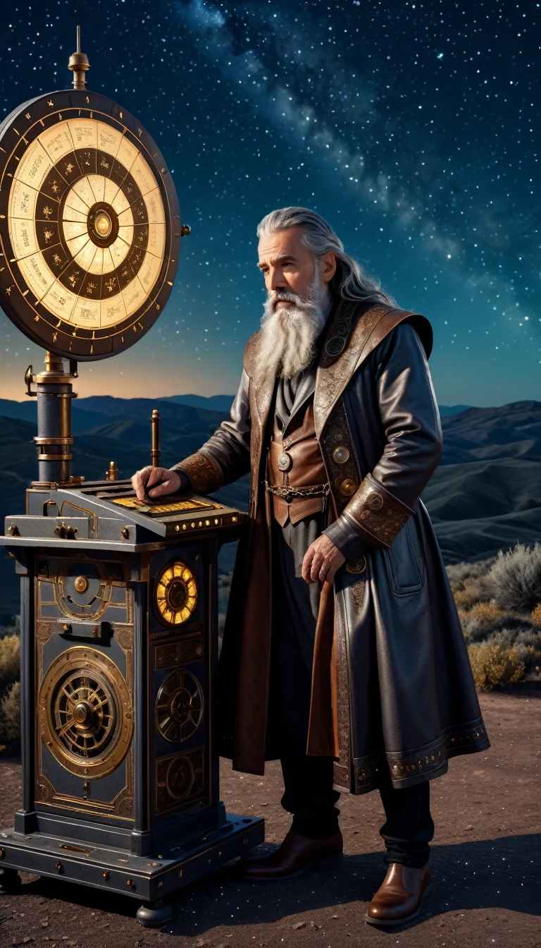 ancient astrological machine, old astrologer, full body shot, sits near machine and calculate location of stars, highly detailed, 8k, photorealistic, cinematic lighting, dramatic atmosphere, intricate machinery, worn leather outfit, long gray beard, concentrated expression, starry night sky background, glowing dials and displays, complex algorithms