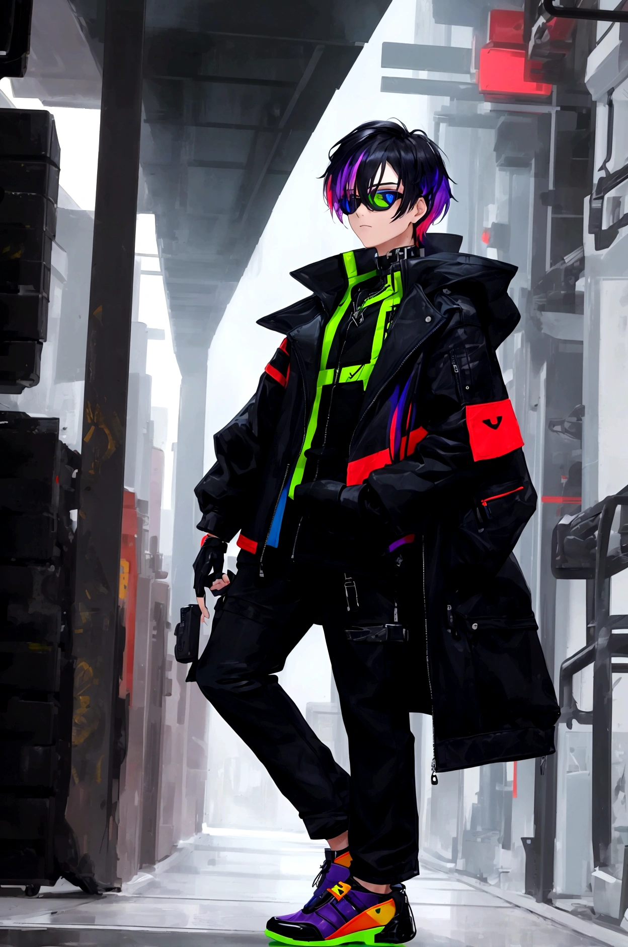 Billy retains his modern, cyberpunk aesthetic with a sleek, urban look, blending high-tech and streetwear fashion.
Hair: His hair is styled in a contemporary, edgy manner, often with vibrant colors or highlights that complement his overall appearance. Perhaps he occasionally changes his hair color to express his personality and pride, including subtle rainbow streaks or other LGBTQ+ symbols.
Outfit:
Jacket: A high-tech jacket with sleek design, featuring neon accents and digital patterns. It’s fitted and functional, with occasional pride-themed patches or pins.
Shirt: A bold-colored shirt underneath the jacket, possibly featuring subtle patterns or symbols representing LGBTQ+ pride.
Pants: Modern and fitted, designed for mobility and style. They might include small pride elements like rainbow stitching.
Footwear: Futuristic shoes with a sleek design and high-tech enhancements, ensuring both comfort and a cutting-edge look. They might have small, colorful accents.
Accessories:
Glasses/Goggles: Stylish glasses or high-tech goggles that add to his cyberpunk aesthetic.
Tech Gear: Equipped with various pieces of tech gear, such as a wrist device or gloves with digital interfaces, emphasizing his role in a high-tech world. Some tech gear might display pride colors or symbols.
Pride Accessories: Small pride flags, bracelets, or pins on his jacket or tech gear.