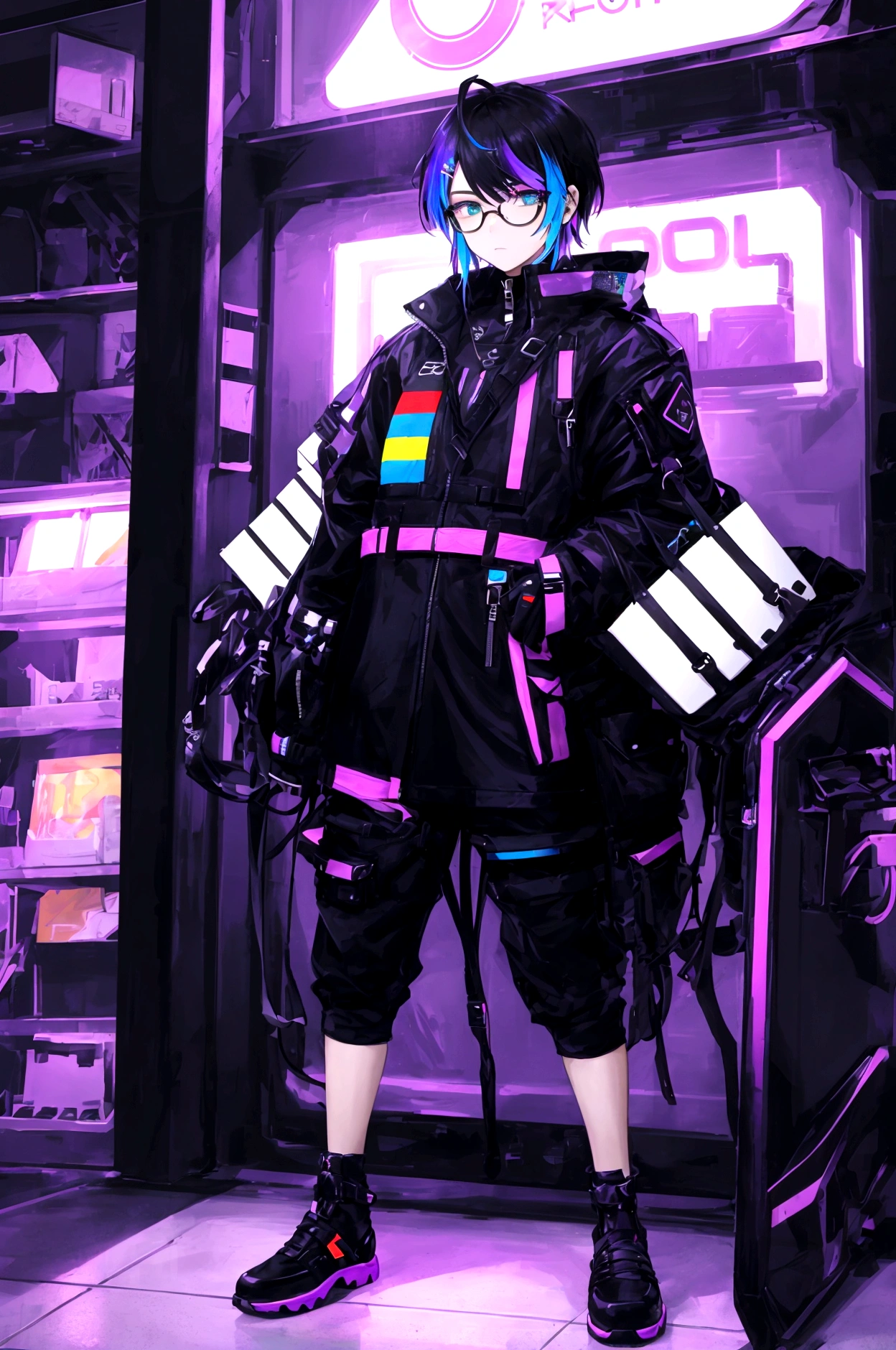 Billy retains his modern, cyberpunk aesthetic with a sleek, urban look, blending high-tech and streetwear fashion.
Hair: His hair is styled in a contemporary, edgy manner, often with vibrant colors or highlights that complement his overall appearance. Perhaps he occasionally changes his hair color to express his personality and pride, including subtle rainbow streaks or other LGBTQ+ symbols.
Outfit:
Jacket: A high-tech jacket with sleek design, featuring neon accents and digital patterns. It’s fitted and functional, with occasional pride-themed patches or pins.
Shirt: A bold-colored shirt underneath the jacket, possibly featuring subtle patterns or symbols representing LGBTQ+ pride.
Pants: Modern and fitted, designed for mobility and style. They might include small pride elements like rainbow stitching.
Footwear: Futuristic shoes with a sleek design and high-tech enhancements, ensuring both comfort and a cutting-edge look. They might have small, colorful accents.
Accessories:
Glasses/Goggles: Stylish glasses or high-tech goggles that add to his cyberpunk aesthetic.
Tech Gear: Equipped with various pieces of tech gear, such as a wrist device or gloves with digital interfaces, emphasizing his role in a high-tech world. Some tech gear might display pride colors or symbols.
Pride Accessories: Small pride flags, bracelets, or pins on his jacket or tech gear.