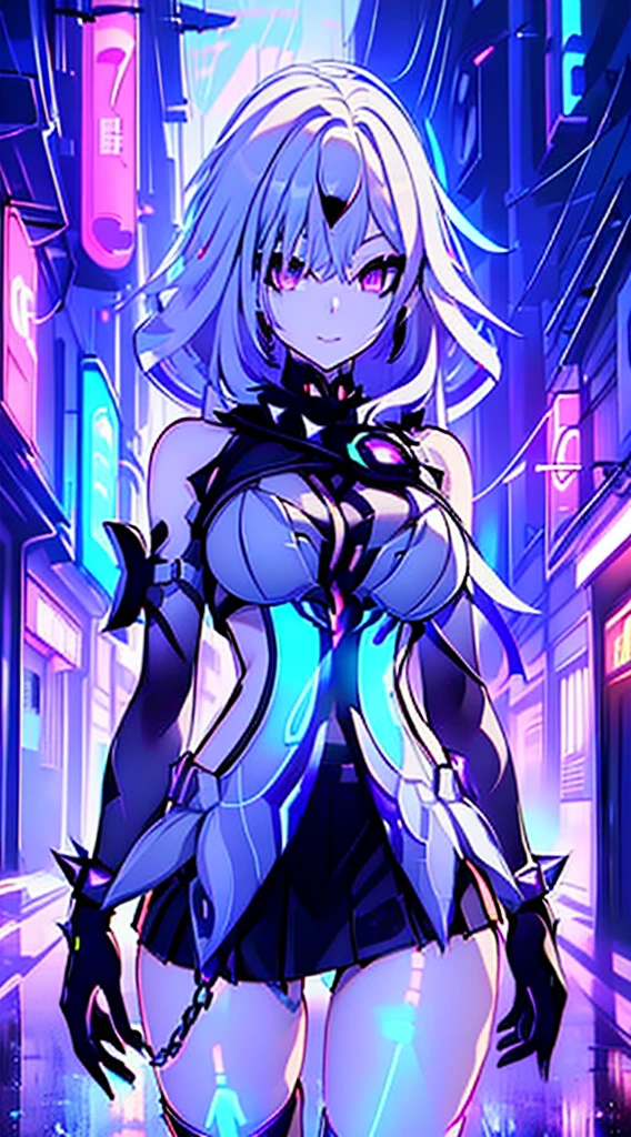 top-quality、Top image quality、masterpiece、Android Girl((sixteen years old 、Broken, skinny , cybersuit glowing black, red and white、neon energy source for the chest 、Light blue shiny hair、Long hair , spiky hair, messy hair, long fringe on hair, holding a chain whip, chains around her body, giant chains, Cyber Skirt、purple neon eyes 、Valley、Happiness、A slender))hiquality、Beautiful Art、Background streets (cyberpunk city、masutepiece、Elaborate design、visualart、Theatrical films, glowing neon eyes, cyberpunk, futuristic, white silver hair, no pupils on eyes