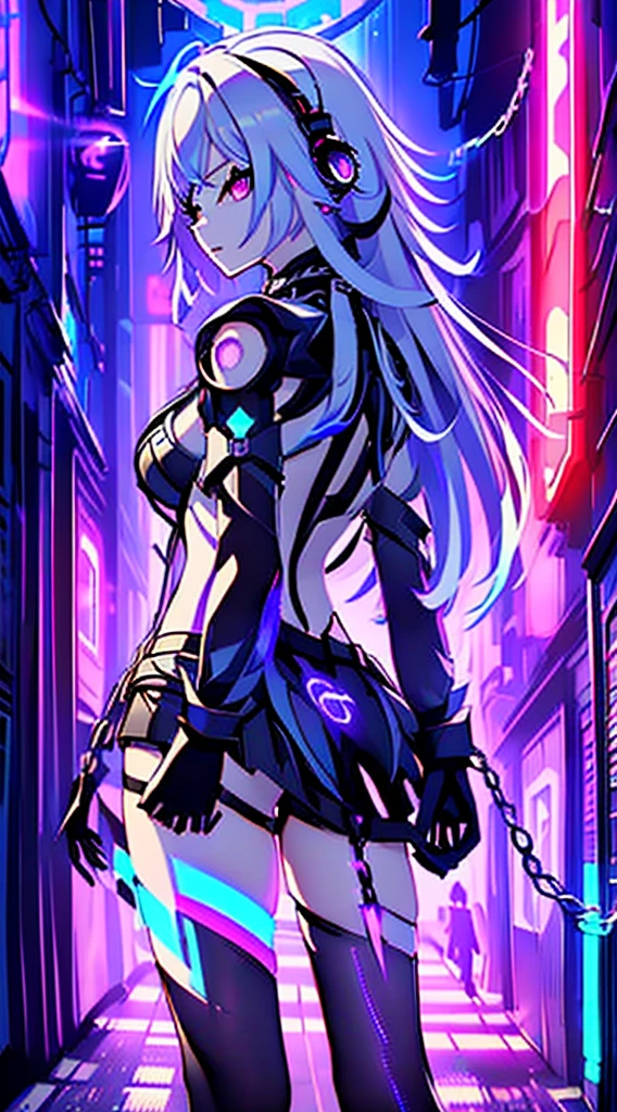 top-quality、Top image quality、masterpiece、Android Girl((sixteen years old 、Broken, skinny , cybersuit glowing black, red and white、neon energy source for the chest 、Light blue shiny hair、Long hair , spiky hair, messy hair, long fringe on hair, holding a chain whip, chains around her body, giant chains, Cyber Skirt、purple neon eyes 、Valley、Happiness、A slender))hiquality、Beautiful Art、Background streets (cyberpunk city、masutepiece、Elaborate design、visualart、Theatrical films, glowing neon eyes, cyberpunk, futuristic, white silver hair, no pupils on eyes