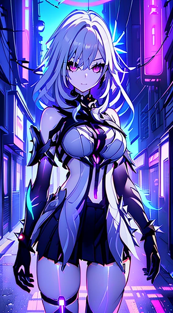 top-quality、Top image quality、masterpiece、Android Girl((sixteen years old 、Broken, skinny , cybersuit glowing black, red and white、neon energy source for the chest 、Light blue shiny hair、Long hair , spiky hair, messy hair, long fringe on hair, holding a chain whip, chains around her body, giant chains, Cyber Skirt、purple neon eyes 、Valley、Happiness、A slender))hiquality、Beautiful Art、Background streets (cyberpunk city、masutepiece、Elaborate design、visualart、Theatrical films, glowing neon eyes, cyberpunk, futuristic, white silver hair, no pupils on eyes