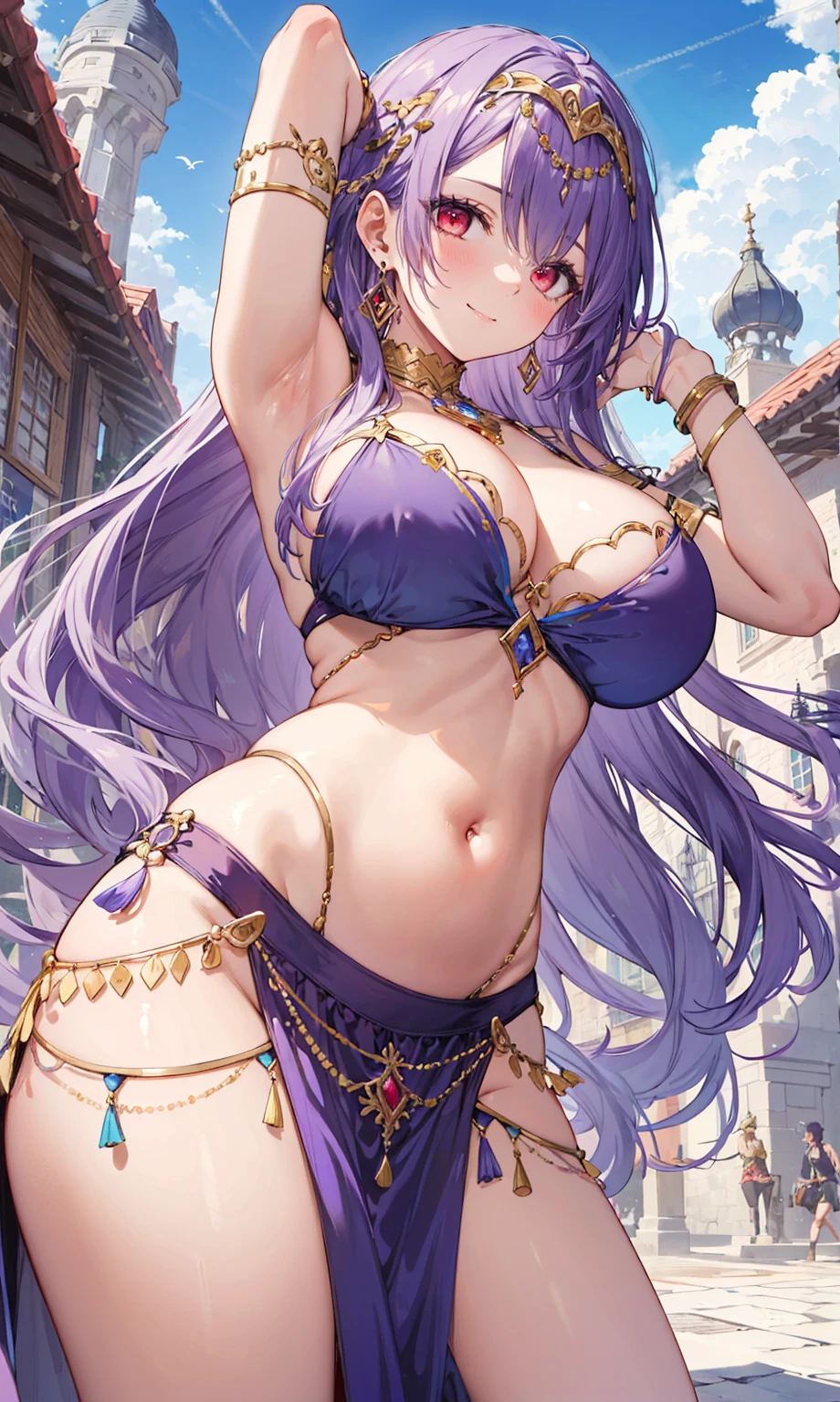 high quality, ultra detailed, best quality, insanely detailed, beautiful, masterpiece, 1girl, medieval plaza, cowboy shot, red eyes, long hair, purple hair, belly dancer, circlet, earrings, armlets, bracelets, bashful smile, large breasts, cleavage, soft stomach